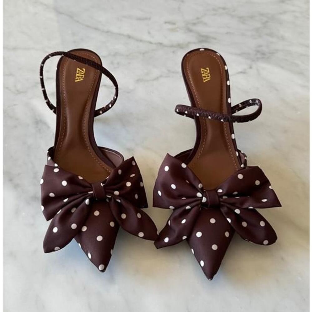 ZARA Polka Dot Bow Slingback Heels NWT Brown Pointed Toe Kitten Heel 6.5 - Picture 8 of 15